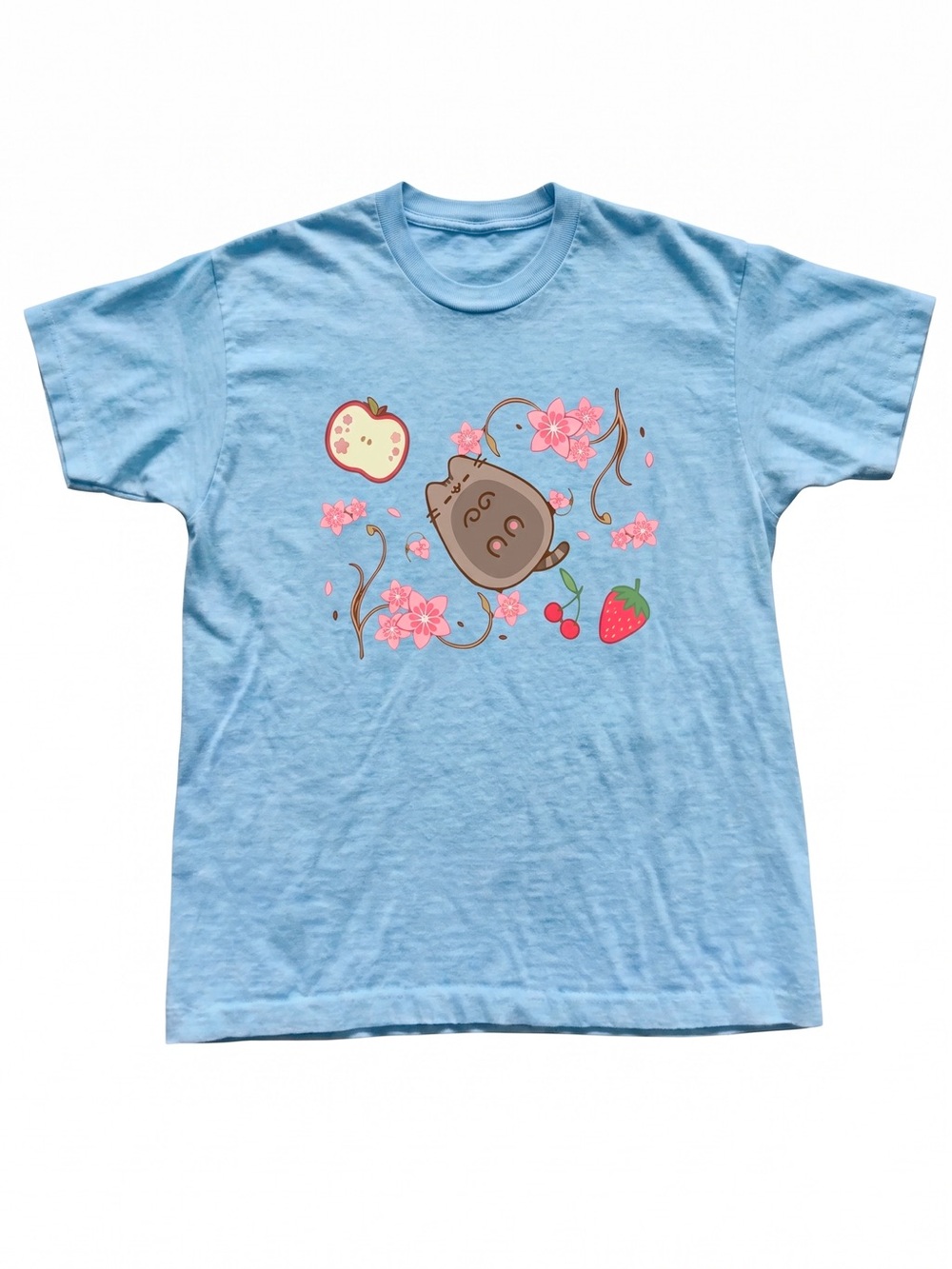 Gildan Light Blue Cat & Fruit Graphic Tee